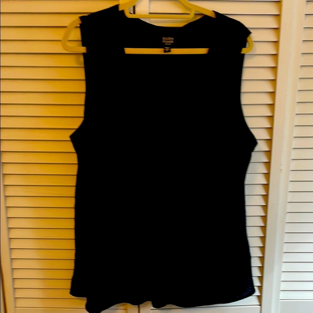 Eileen Fisher Woman Black linen scoop slight v neck tank shell in Black, Size 1X